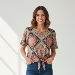 Ruby Rd. Tie-Front Top Size XL Bell Sleeve Bandana Print Jersey Knit Casual